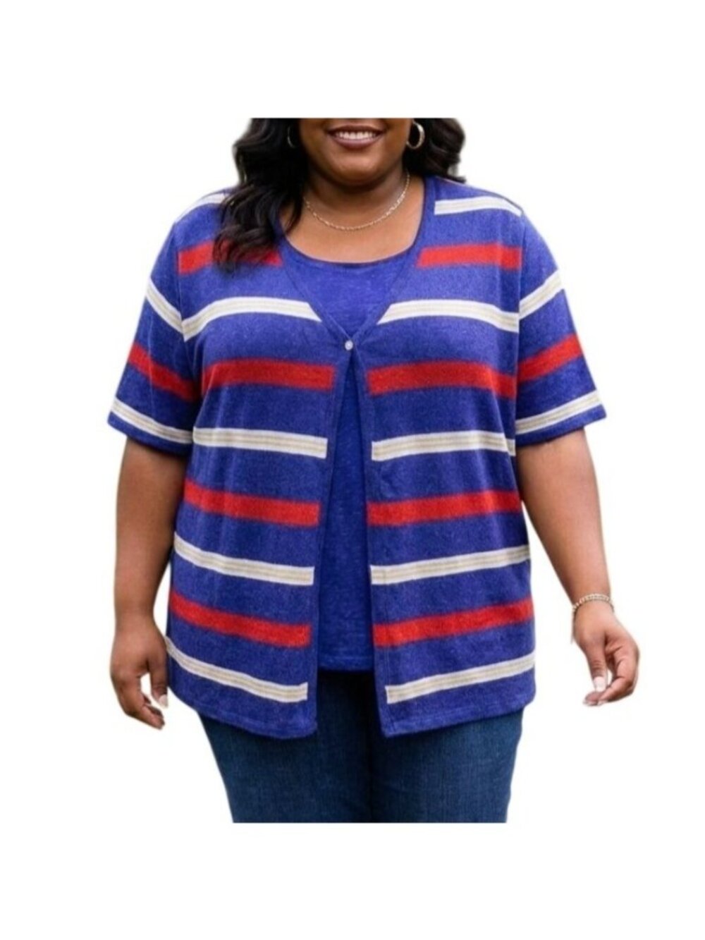 Sag Harbor Plus Size 1X Cardigan Attached Tank Woman Blue Red White Striped